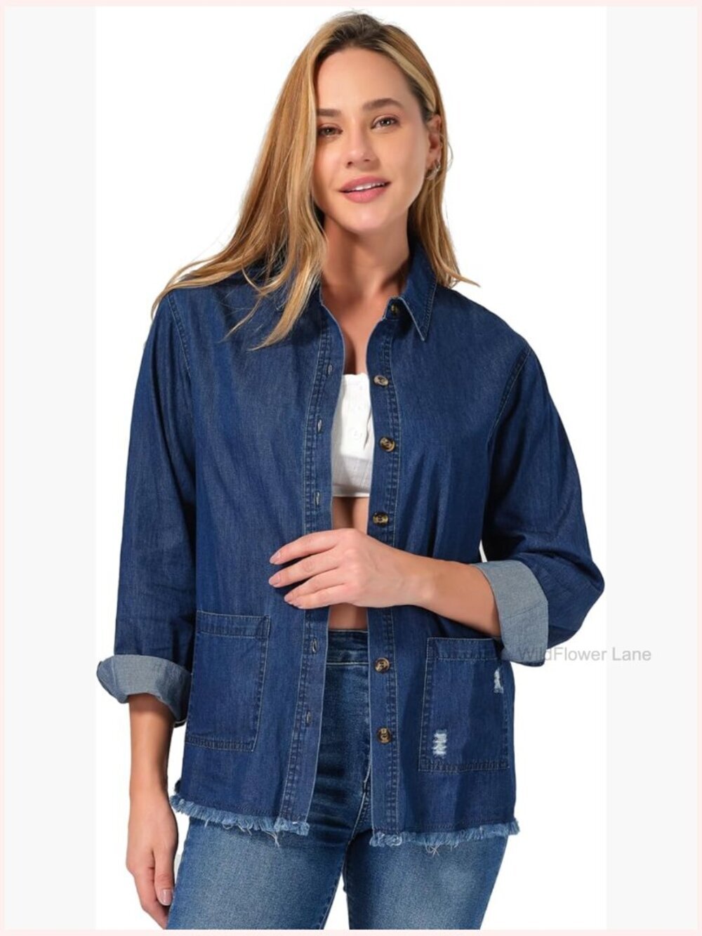 Distressed Button Down Denim Top Western Fall